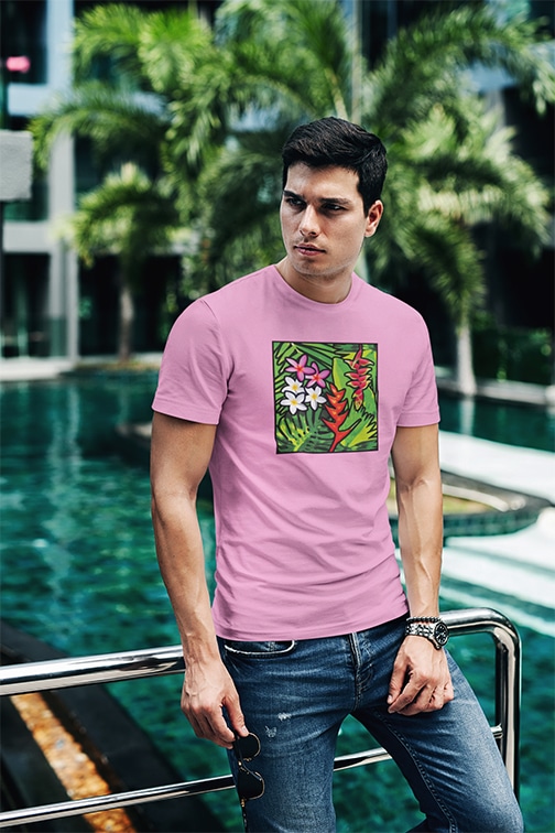 Bora Bora soft pink t-shirt guy by pool