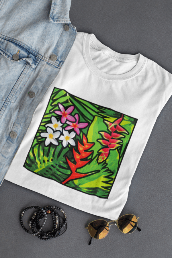 Bora Bora unisex t-shirt for plant lovers, tropical plants design. Gardening gift. Botanical print. Exotic flowers and plants shirt. Gardener tee.