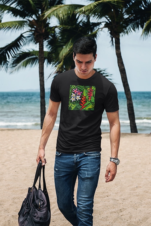 Bora Bora black t-shirt with exotic floral tropical print flowers Heliconia, Plumeria, Palms