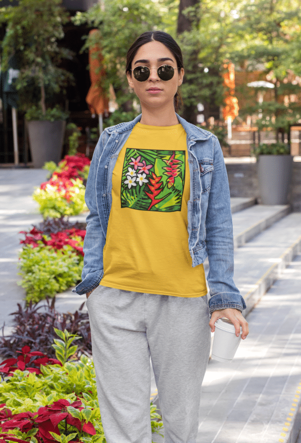 Bora Bora gold (yellow) t-shirt with exotic floral tropical print flowers Heliconia, Plumeria, Palms