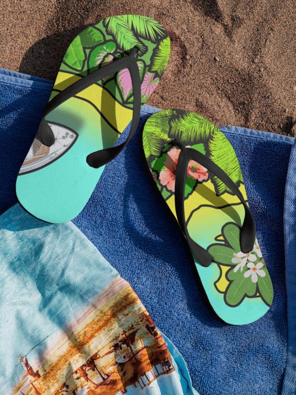 Fiji flip flops with floral tropical exotic print design for plants lovers. Gift for gardeners.